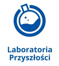 Na środku niedomknięte koło, w nim menzurka wypełniona do połowy cieczą. Pod spodem napis Laboratoria Przyszłości.