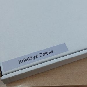 Białe kwadratowe pudełko wielkości pudełka od pizzy. Na nim napis Kolektyw Zakole.