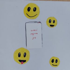 Rysunek czterech emotikonów w środku których leży karta z napisem "Radość"