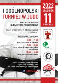 Plakat zatytułowany: I Ogólnopolski Turniej w Judo. Znajduje się na nim logo naszej szkoły.