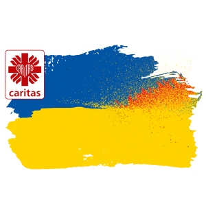 Otwórz zdjęcie - Flaga Ukrainy a na jej górnym lewym rogu logo Caritas Polska.