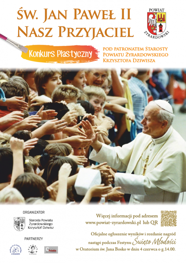 Plakat konkursowy przedstawiający postać Jana Pawła II.