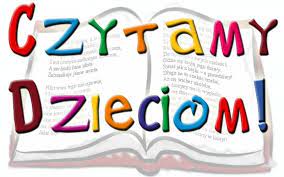 Rozłożona książka a na jej tle napis "Czytajmy dzieciom!"