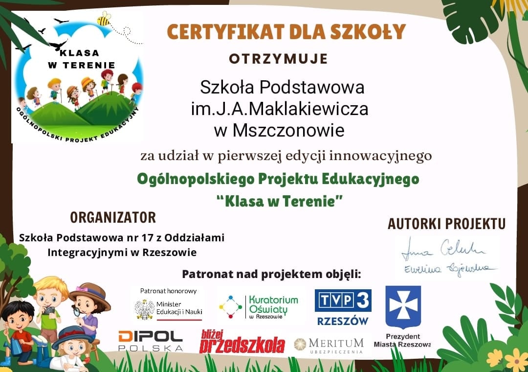 Certyfikat ukończenia projektu przez  klasy drugie.