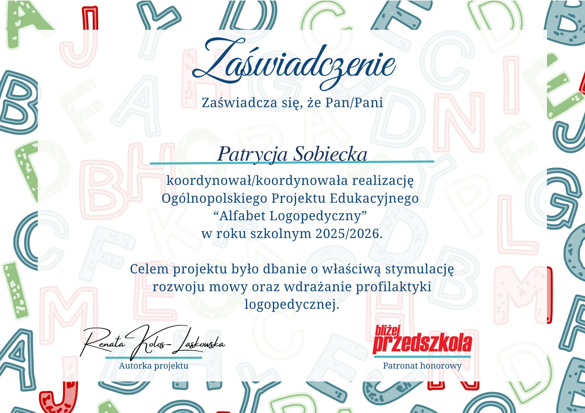 Zaświadczenie pani Sobieckiej za koordynowanie projektu